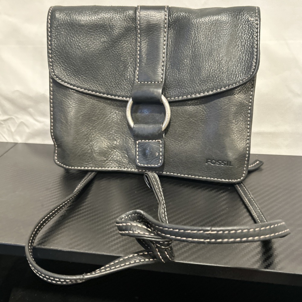 Fossil Black Leather Crossbody Shoulder‎ Bag Traveler Messenger Organizer Purse